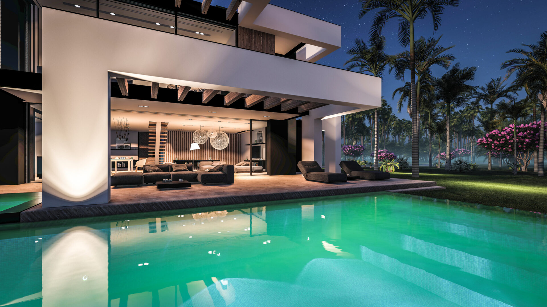 Modern villa with illuminated pool at night.