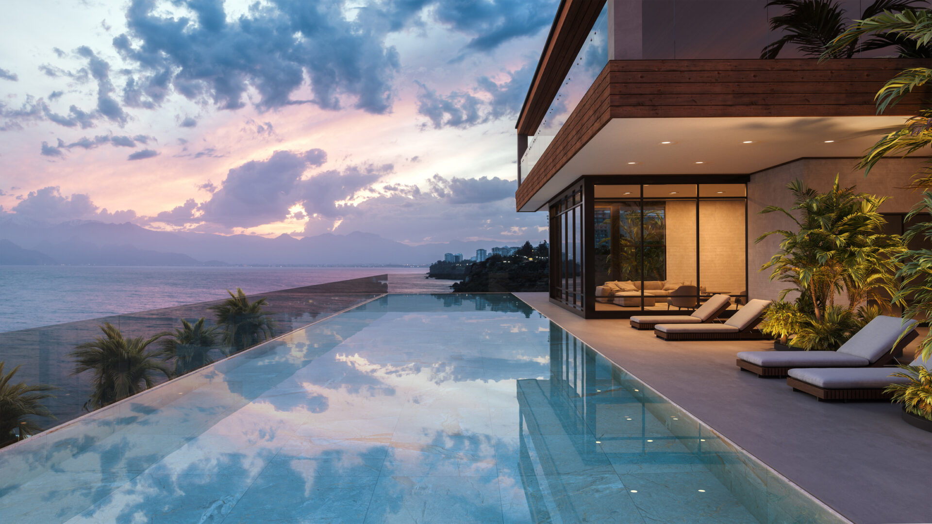 Modern villa with infinity pool at sunset