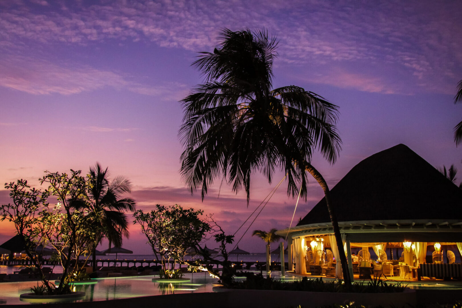 Beachside resort at twilight