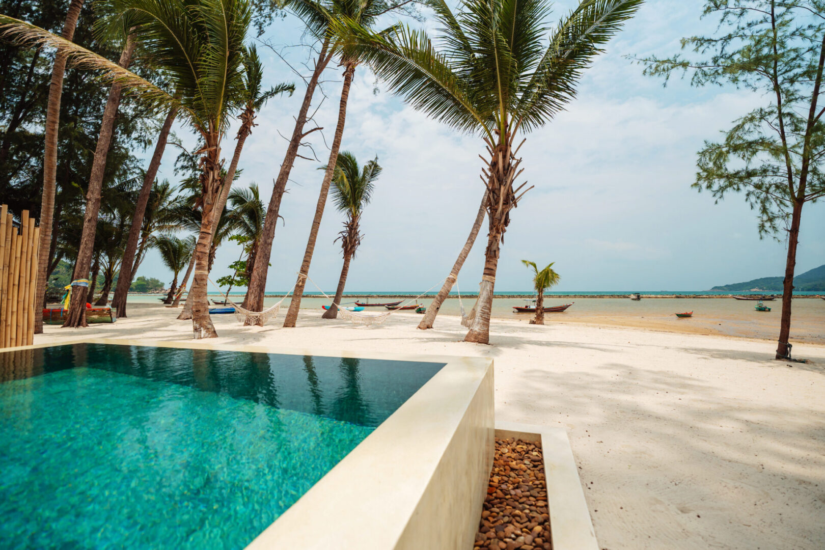 Beachfront pool with palm trees