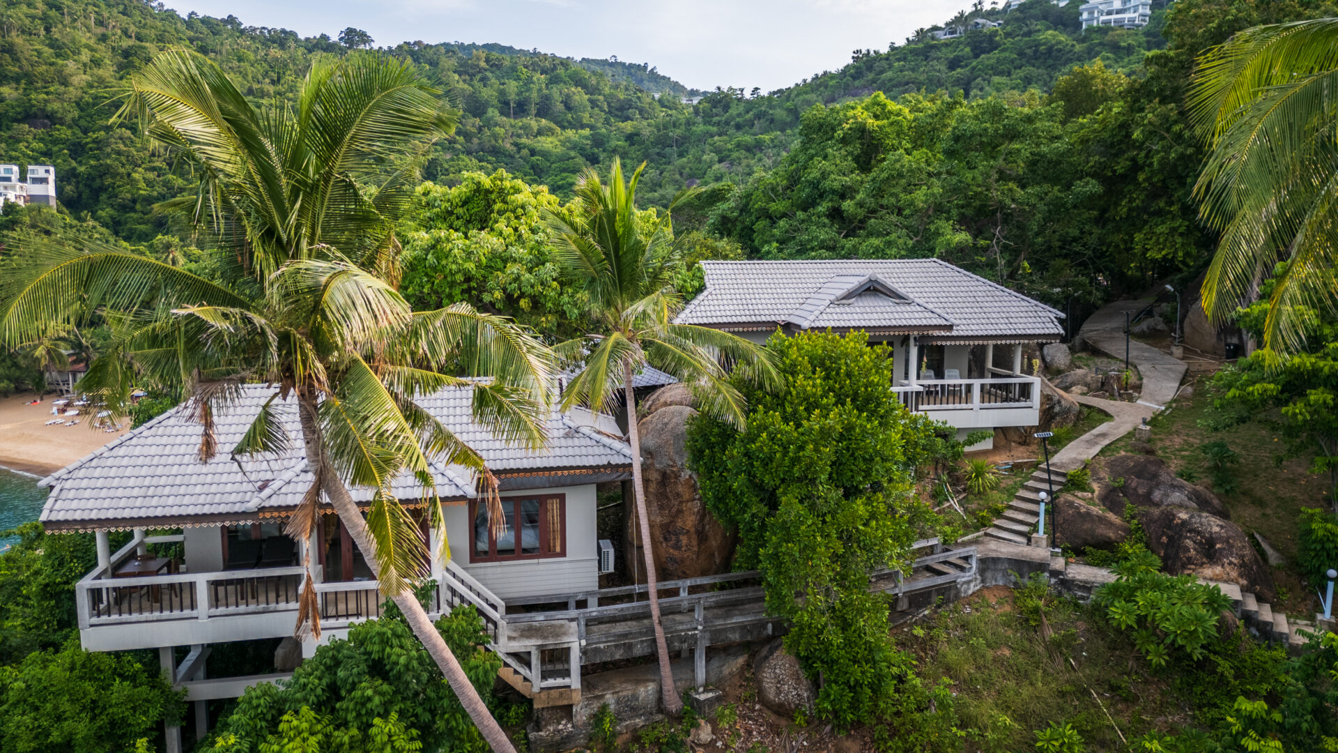 Lush jungle view with hillside cottages