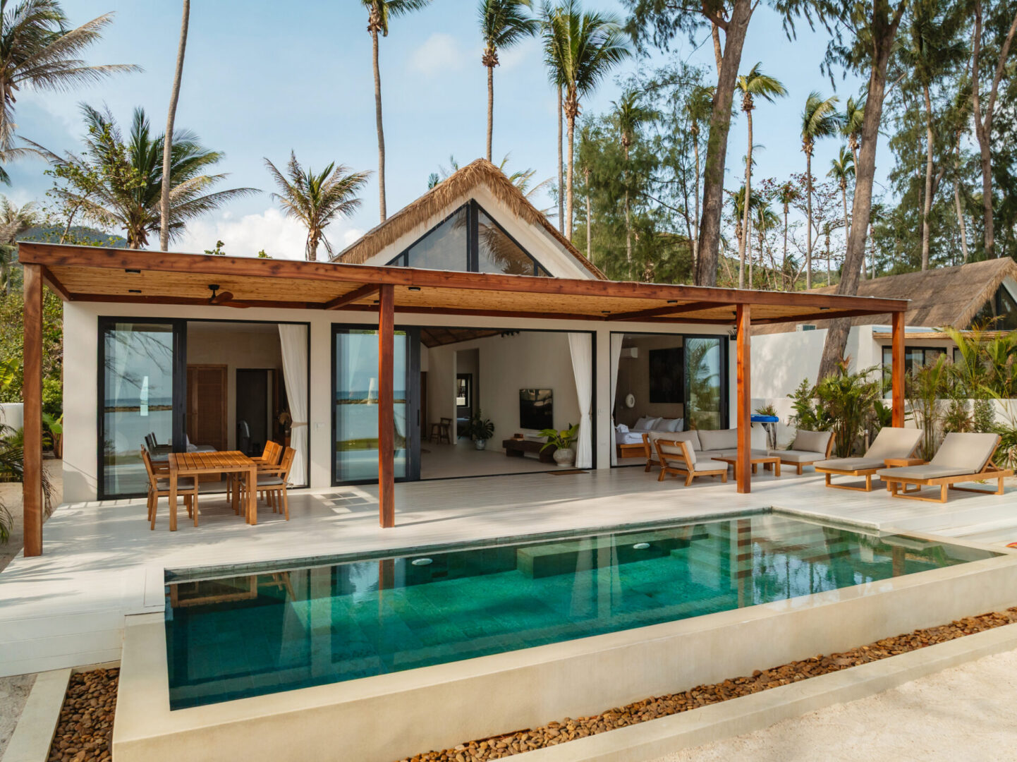 Modern villa surrounded by palm trees