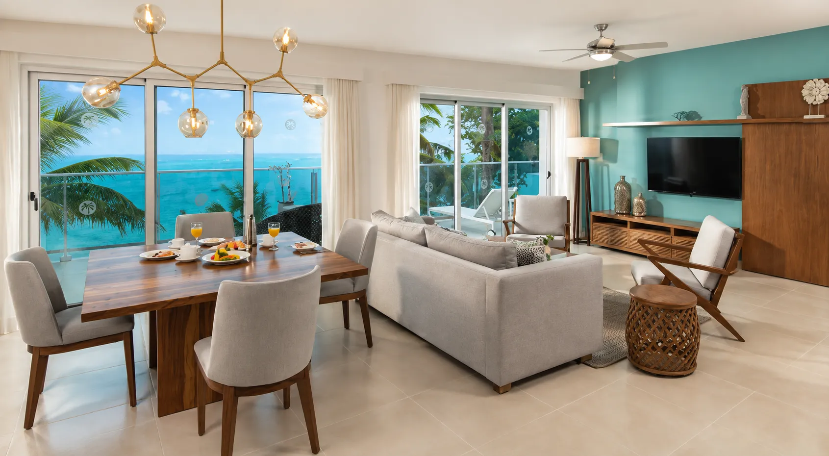 Modern living room with ocean view windows.